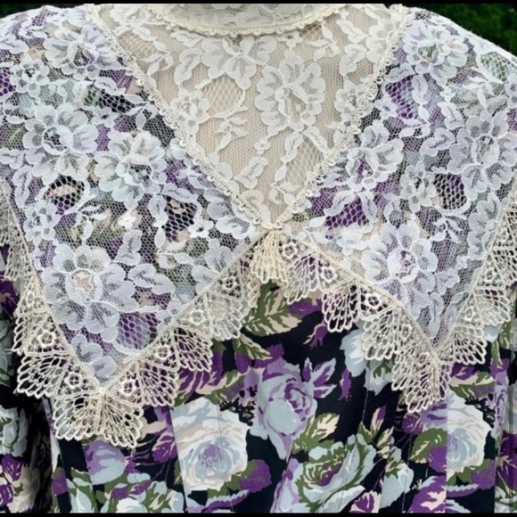 Vintage Cottagecore Lace Trimmed Drop Waist Floral Prairie Dress - Picture 3 of 5